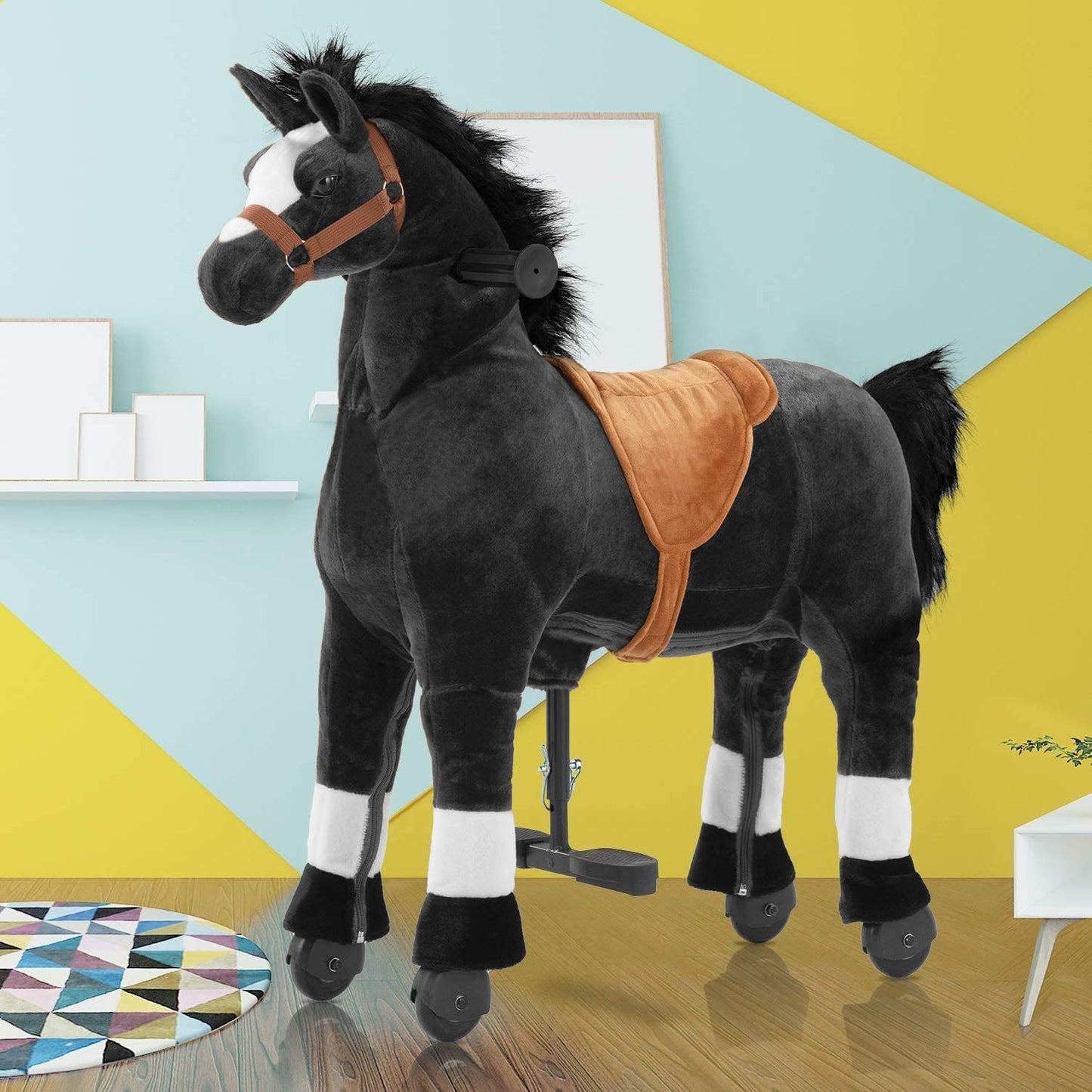 Pipleo Ride on Horse for Kids (41.33'' Height) Horse Ride on Toy Riding Horse Rider Mechanical Walking Action Plush Animal for 7 Years Old to mature-themed No Battery or Electricity Max Load 187 LBS - BK