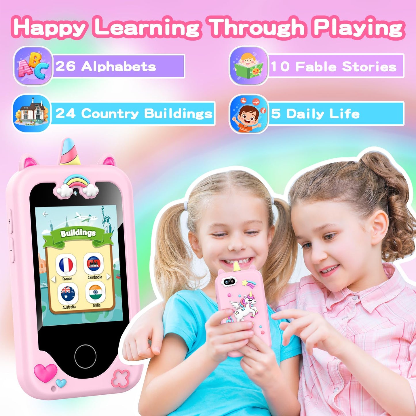 Kids Phone Toy Gift for Girls 3 4 5 6 7 8 Years Old, Toddler Smart Phone Learning Toys - Pretend Play Phones with Educational Ga