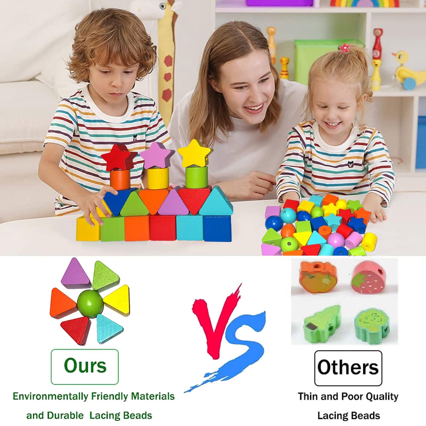 Intsinzi 46Pcs Montessori Lacing Toddler Beads Threading Toys For Toddlers Wooden Primary String Sewing Preschool Fine Motor Skills Educational Toy For 3 4 5 6Years Old Boys Girls