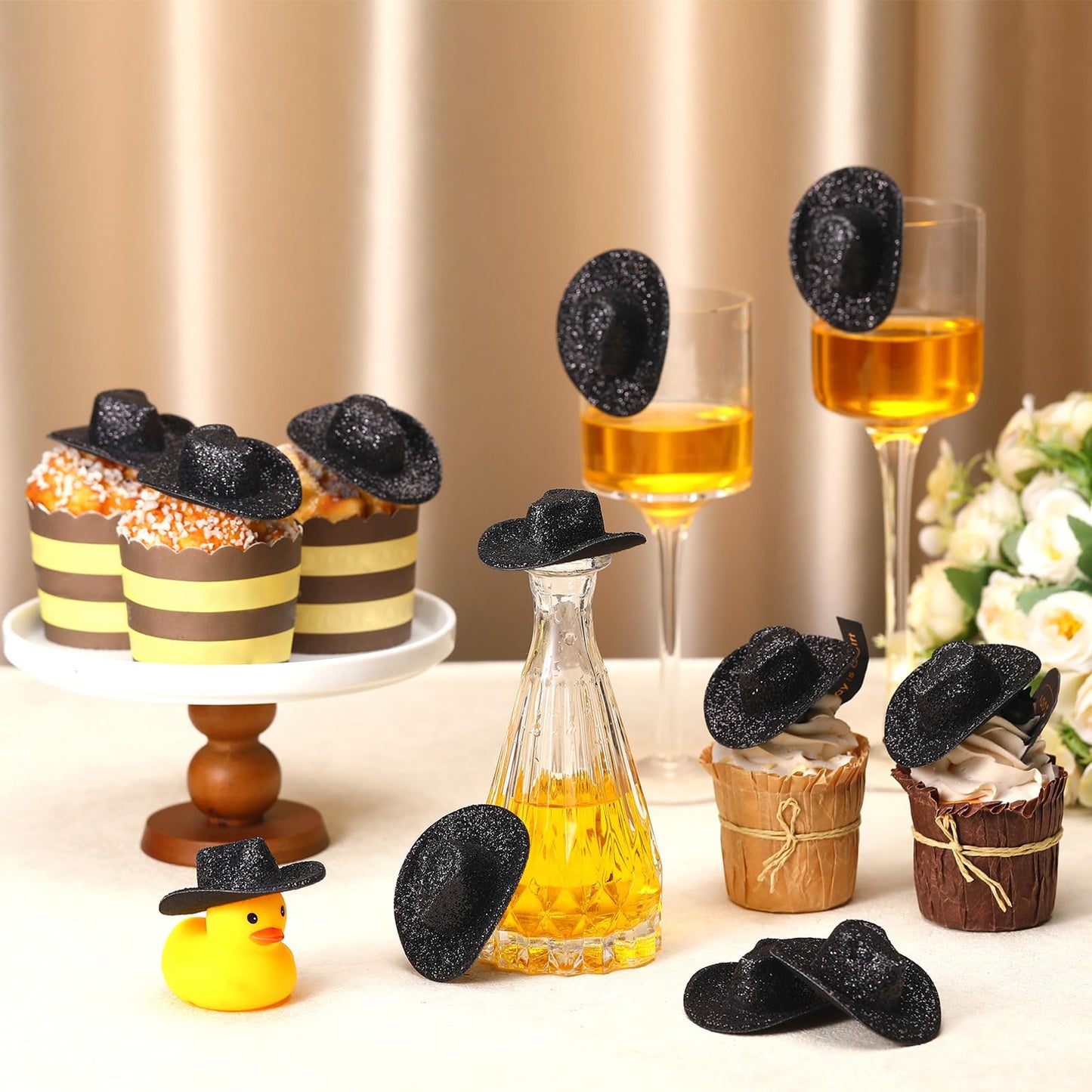 Sotiff Mini Western Cowboy Cowgirl Hat Small Disco Hat Cute Miniature Cap For Party Drinks Cupcake Toppers(Black)