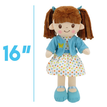 Personalized Snuggle Dolls, Custom Soft Brunette Baby Rag Doll, Blue Jacket Dress, 16 Inches, Muecas De Trapo Personalizadas Par