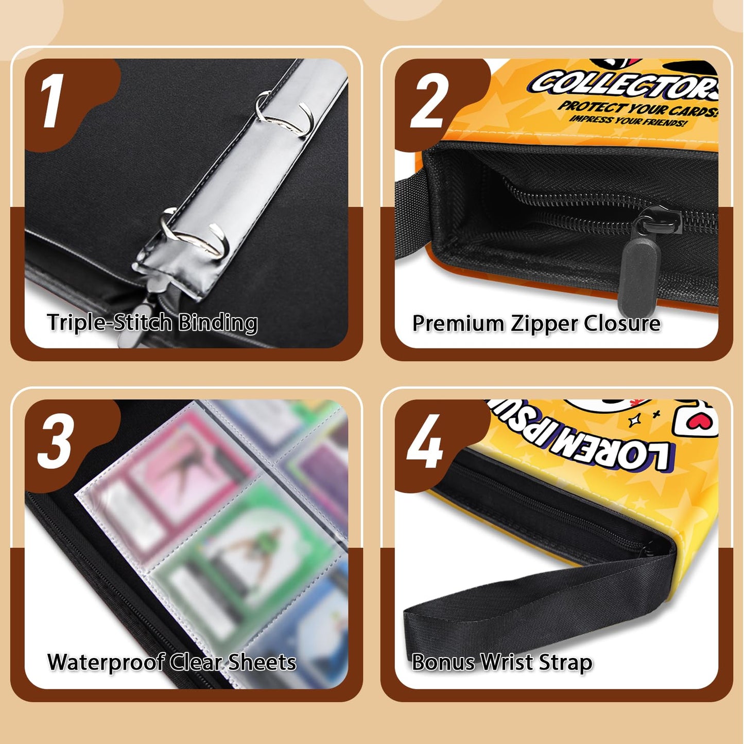 Wazzio 900 Pocket Baseball Card Binder Trading Card Storage Album with 50 Durable 9-Pocket Pages Baseball Design on Pocket Card Packs Gifts for Zipper Closure Collector's Album