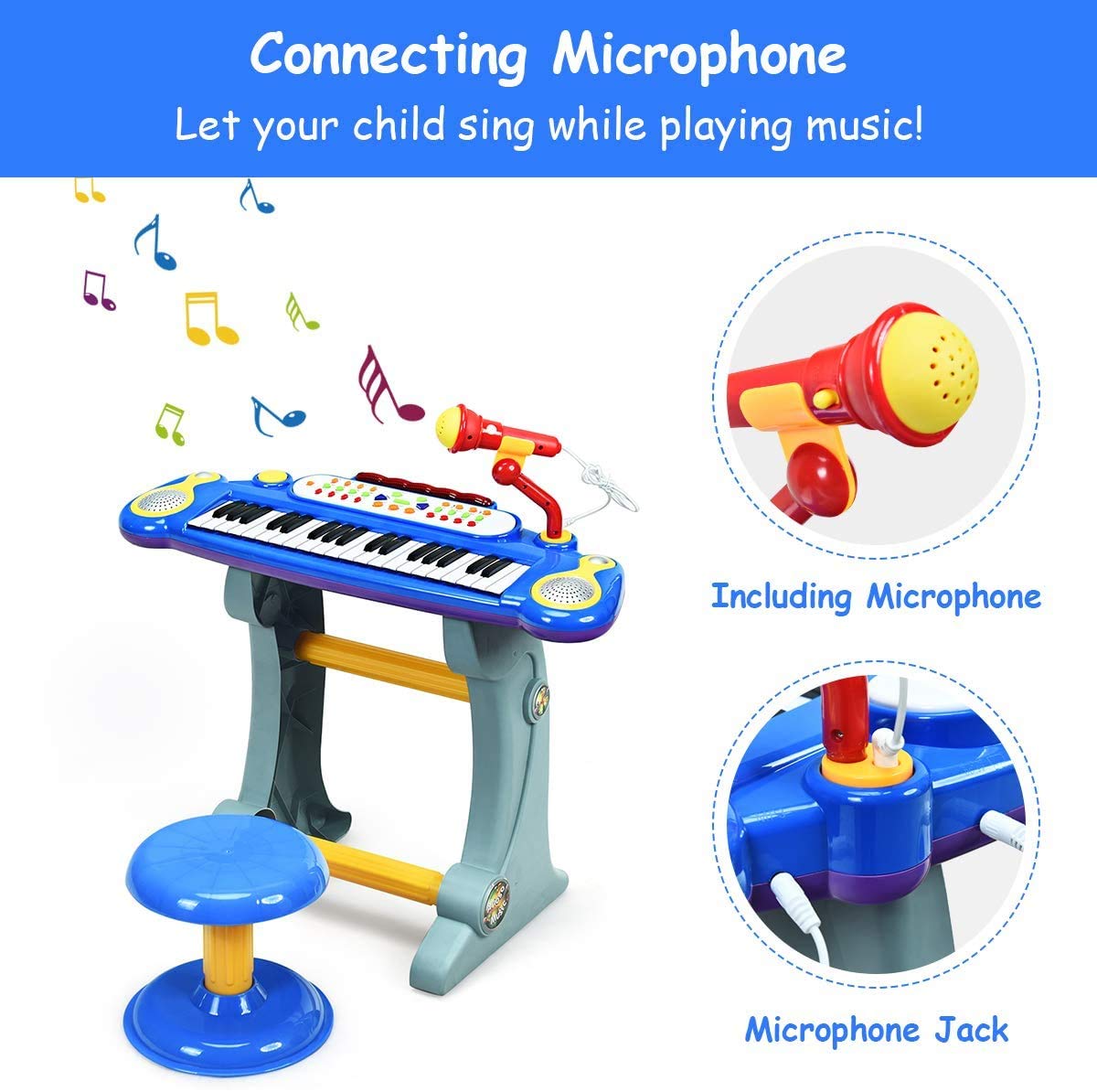 Costzon 37-Key Kids Piano Keyboard Toy, Toddler Electronic Musical Instrument Educational Toy W/Microphone, Multiple Sounds, Record Playback, Lights & Stool, Birthday Gift For Girls Boys Age 3+, Blue