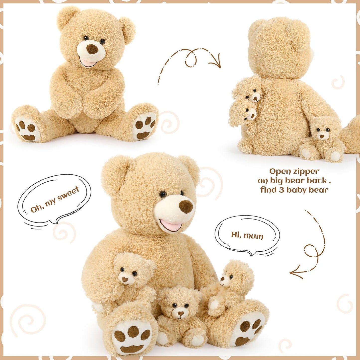 Morismos Giant Teddy Bear Stuffed Animals,28'' Mommy Stuffed Bear With 3 Baby Bears Inside Belly,4 Packs Bulk Teddy Bear For Bab
