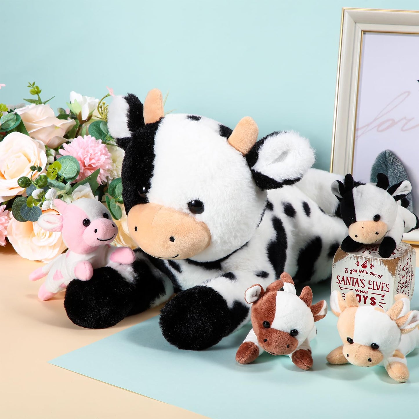 Sumind 5 Pcs Cow Plush Animals Set 13.78 Inch Mommy Cow Stuffed Animal With 4 Baby Cute Calf In Her Tummy Mommy And Small Plush For Baby Shower Boys Girls(Novel)