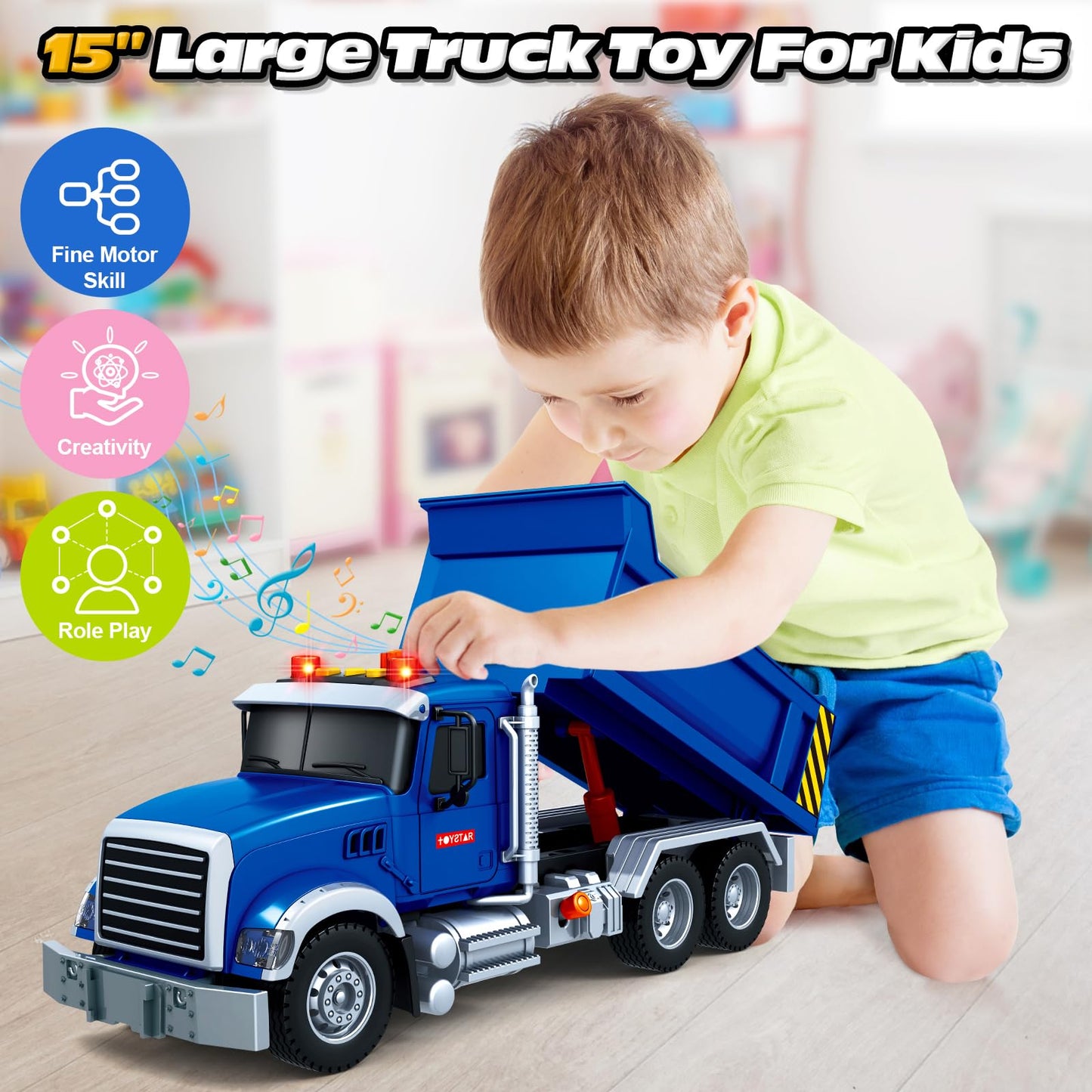 Kids Toys for 3 4 5 6 7 8 Years Old Boys, 15'' Large Dump Truck Toy with Lights, Sounds, Blue Toddler Friction Powered Truck Veh