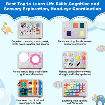 Jhkim Busy Board Montessori Toys For Aged 1 2 3 4 Boy & Girl Birthday Gifts, Autism Sensory Travel Toys For Toddlers, Educational Activity Sensory Board Preschool Learning Fine Motor Skills Toys, Gray