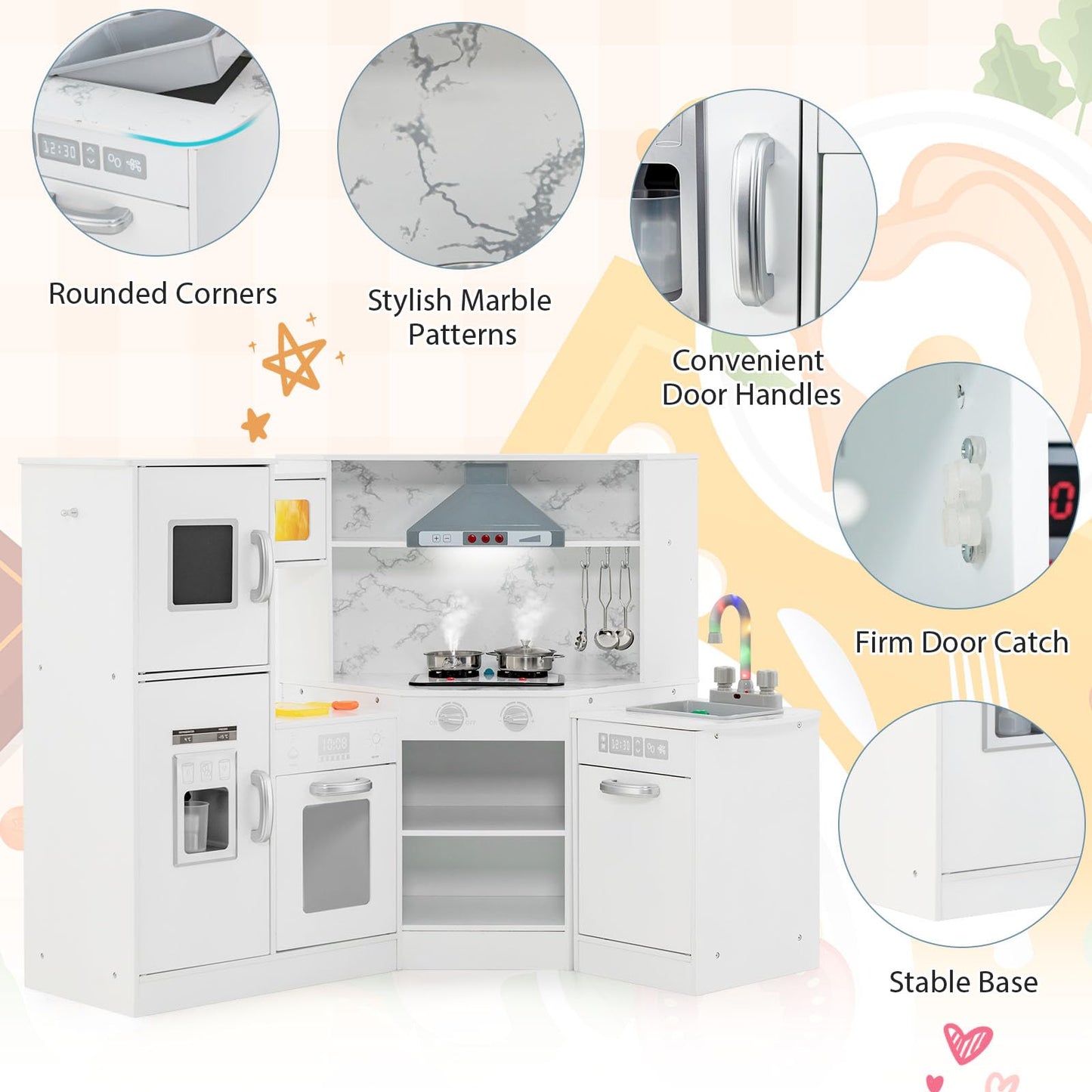 Costzon Corner Kids Kitchen Playset, 2-Piece Wooden Toy Kitchen Set and Washing Basin with Microwave, Ice Maker, Range Hood, Sto