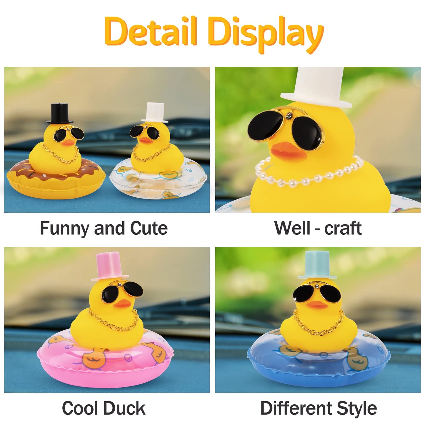 Wonuu Swim Ring Rubber Ducks With Mini Diamond Glasses Hat Necklace For Cars Dashboard Decorations Car Accessories Toy Duck Car Ornament, Pink Magic Hats With Pink Duck Ring