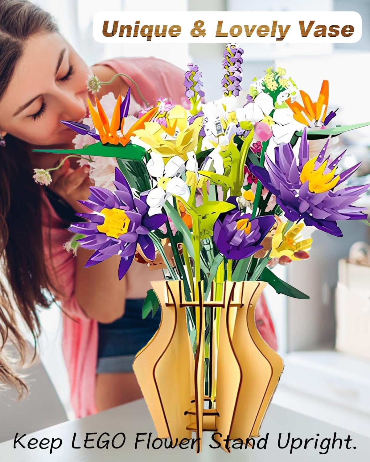 Wooden Vase For Lego Flowers, Vase Building Set For Roses, Wooden Puzzle Flower Vase For Lego Flower Bouquet Building Set, Displ