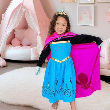Cokos Box Girls Coronation Princess Dress Costume, Long Cape, Gloves, Tiara Crown Accessories Kids Set, Blue, Size 7 Years