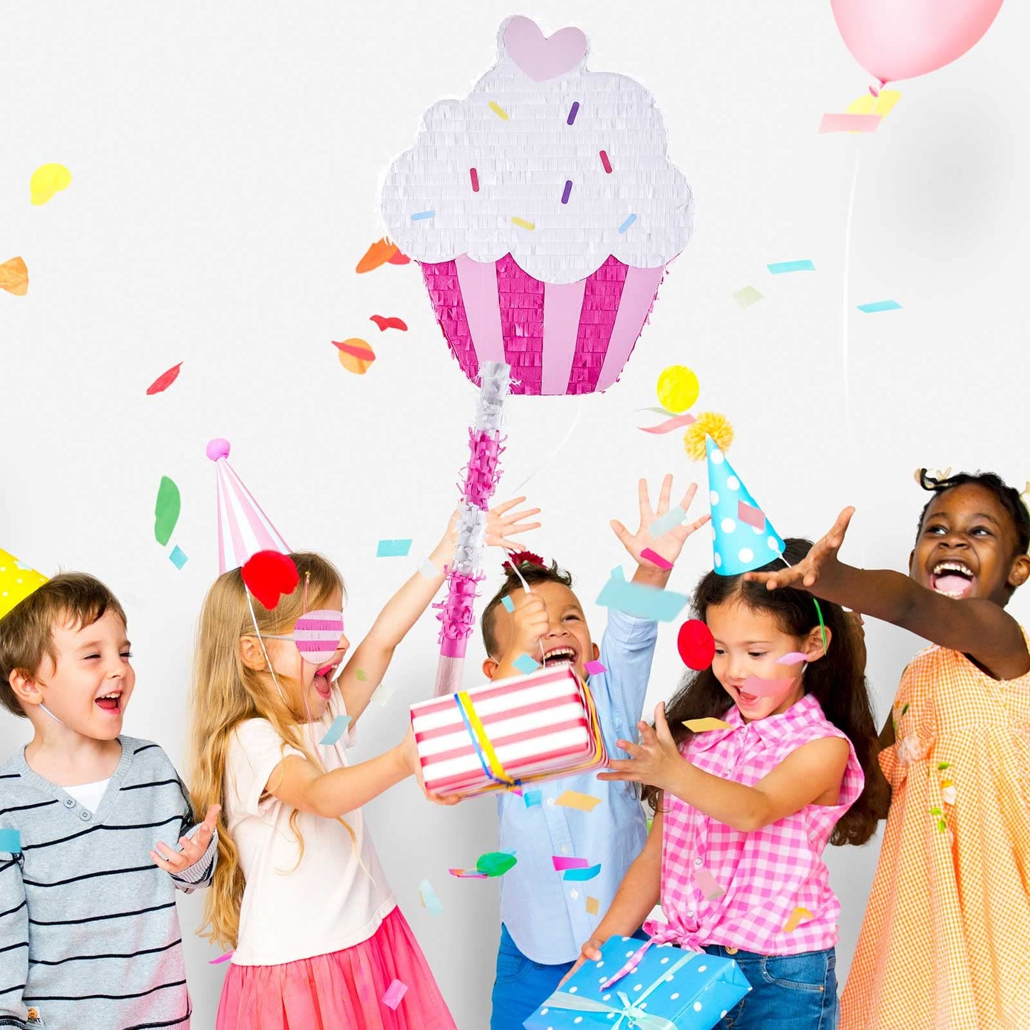 Sosation 15.7' Cupcake Piñata For Birthday Party Supplies With Stick, Blindfold And Confetti For Kids Girls Baby Shower Candy Donut Ice Cream Piñata Party Supplies Party Decoration Prop(Cute)