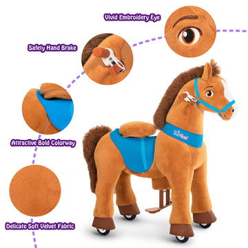 Ponycycle Ride On Toy Riding Horse Ride-On Horse For Toddler Riding Pony Toy (With Brake/ 30' Height/Size 3) Plush Animal Mechanical Pony Rider With Wheels Spirit Toys Birthday Surprise Brown E337