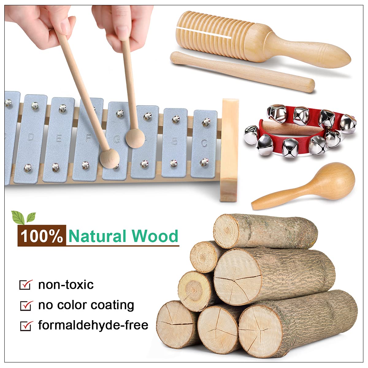 Looikoos Toddler Musical Instruments International Natural Wooden Music Set For Toddlers And Kids - Eco Friendly Preschool Educational Musical Toys With Storage Bag