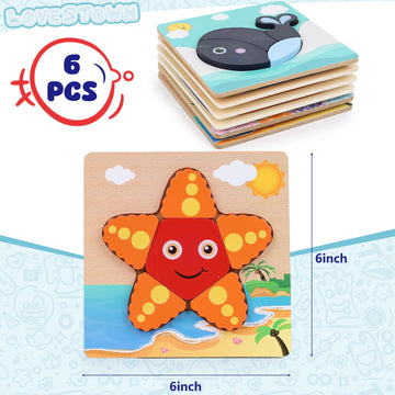 Lovestown 6Pcs Wooden Toddler Puzzles, Wooden Sea Animal Puzzles Montessori Jigsaw Puzzles Preschool Toy Gift For Kids Educational Developmental Toys