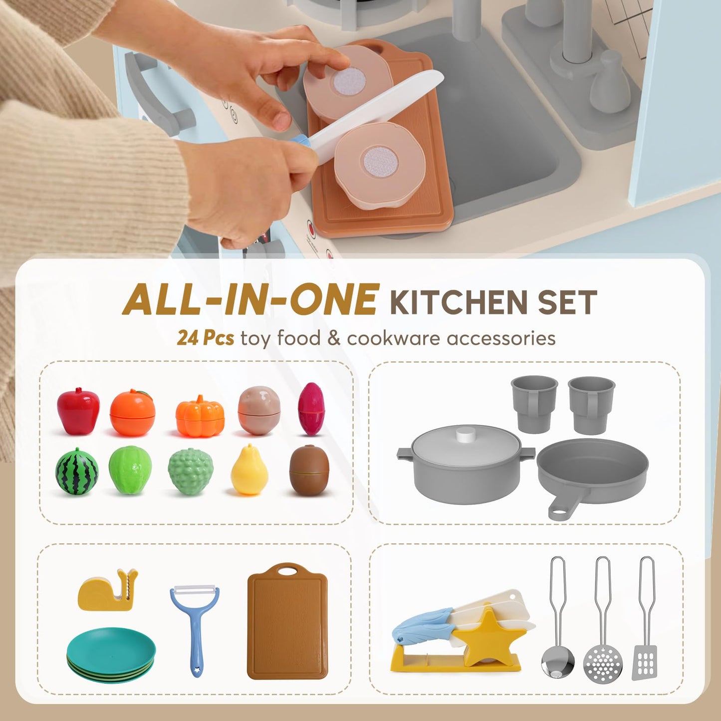 Bierum Play Kitchen With Realistic Lights & Sounds, Wooden Kitchen Playset Chef Pretend Play Set For Toddlers, Toy Kitchen With