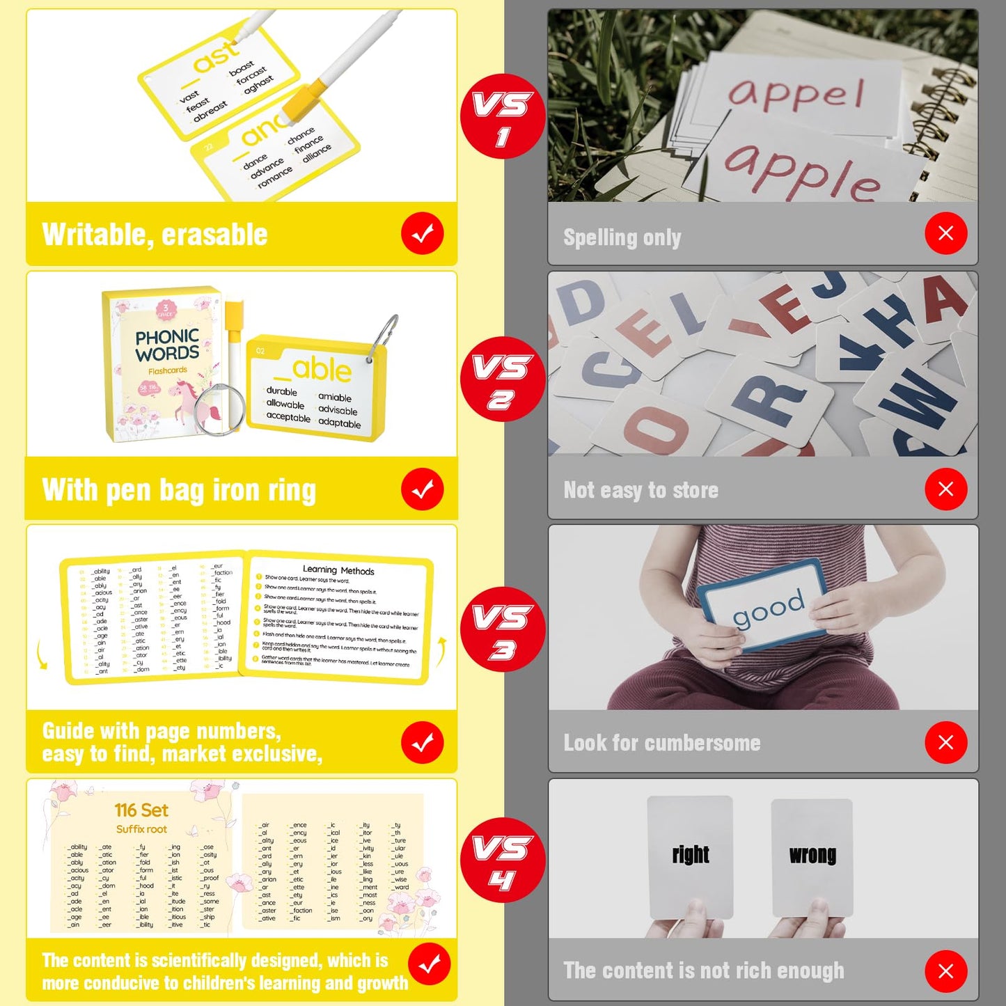 Wjpc 116 Set Phonics Suffix Words Flash Cards,Sigh Words Flash Cards, Phonics Flash Cards For 7,8,9,10,11,12 Years 2Nd, 3Rd, 4Th, 5Th Grade Boys&Girls&Kids Learning Writing Reading