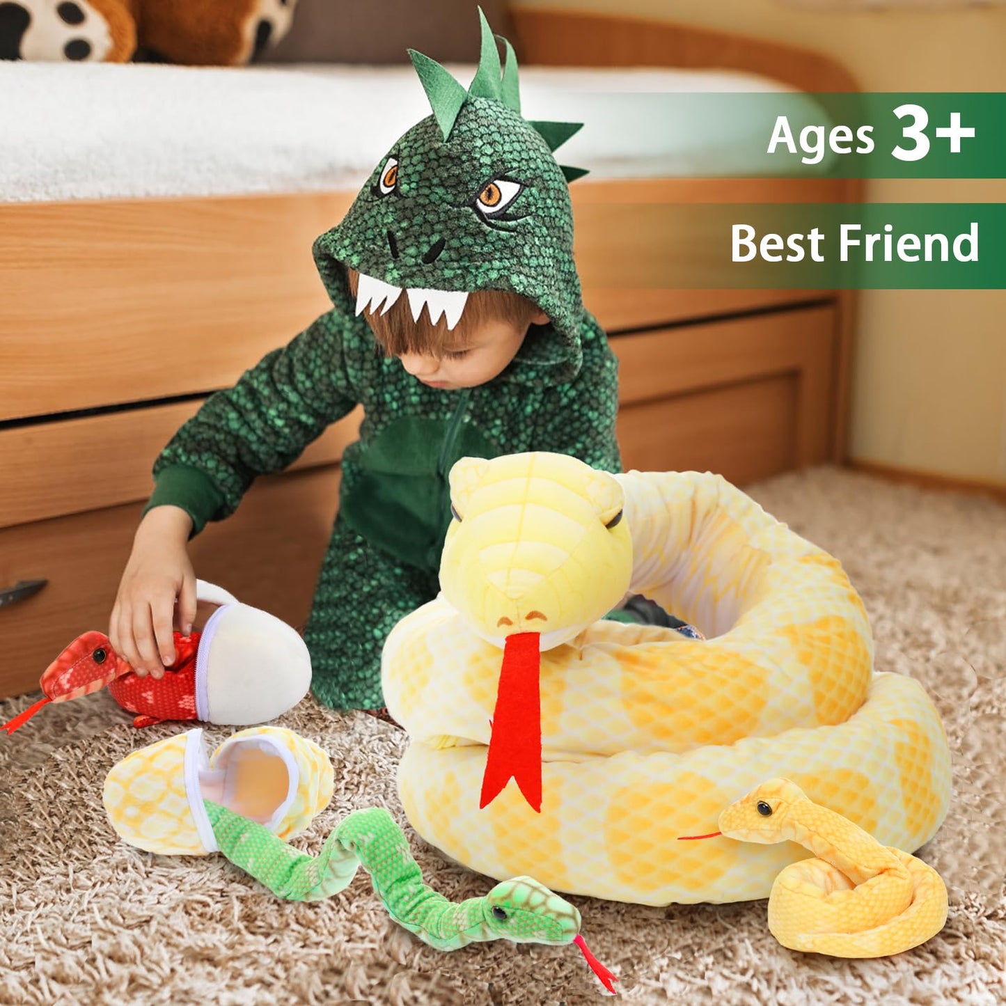 Tezituor Giant Stuffed Snake Plush, Yellow Snake Stuffed Animal With 3 Snake Babies & 2 Eggs,80' Long Boa Constrictor Snake Toys For Boys Girls Birthday Gifts