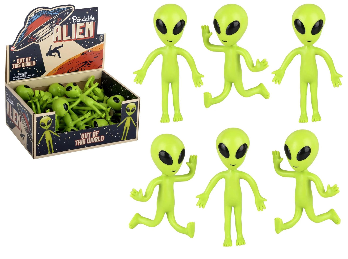 Zugar Land Bendable Rubber Neon Green Aliens - 6 Pack. (4'') Action Figures Bendable Ufo Aliens Limbs Sensory Stress Relief Fidg
