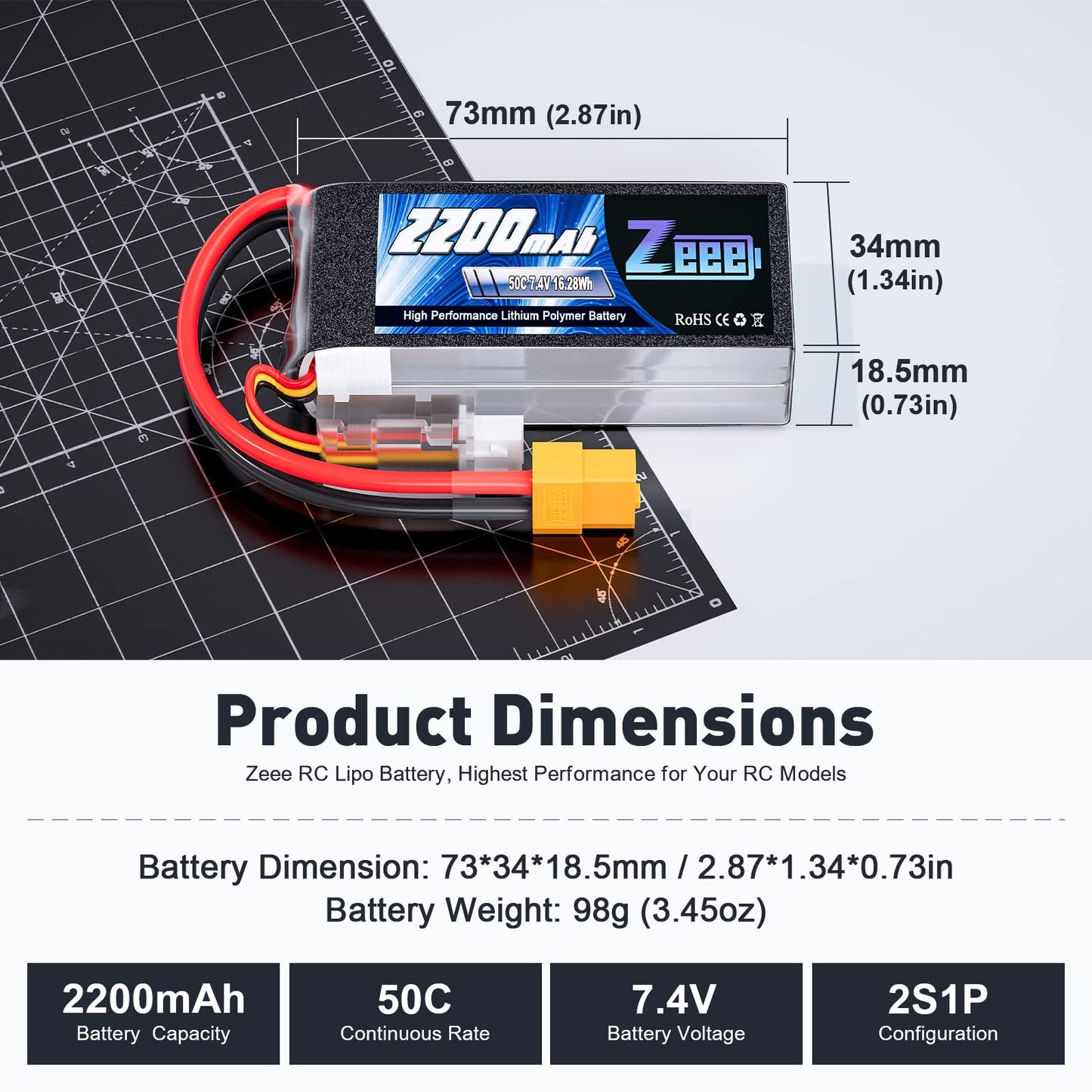 Zeee 2S Lipo Battery 2200mAh 7.4V 50C Shorty Pack Battery with XT60 Connector Soft Pack for 1/16 Slash RC Car RC Truck RC Helico