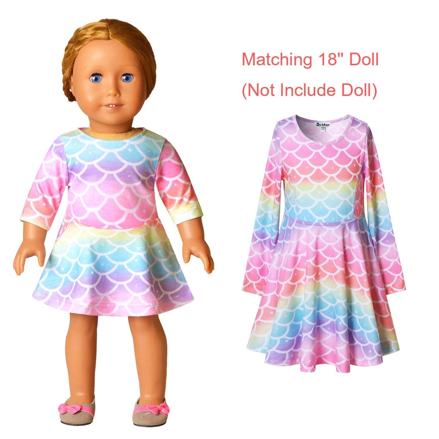 Rainbow Mermaid Dresses Matching Doll&Girls Long Sleeve Birthday Gifts 4T 5T