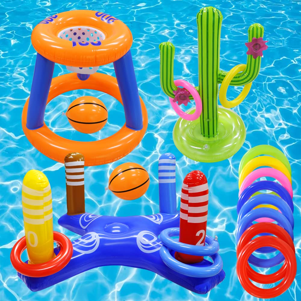 Gemle Pool Toys Games Set Of Pool Basketball Hoop Inflatable Cross Ring Toss Game And Inflatable Cactus Ring Toss Kids Pool Toys