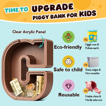 Summidate Wooden Letter Piggy Bank Extra Thick Large Capacity Piggy Bank for Kids Boys Girls Toddler Alphabet C Money Bank| Coin Box Birthday Christmas Festival