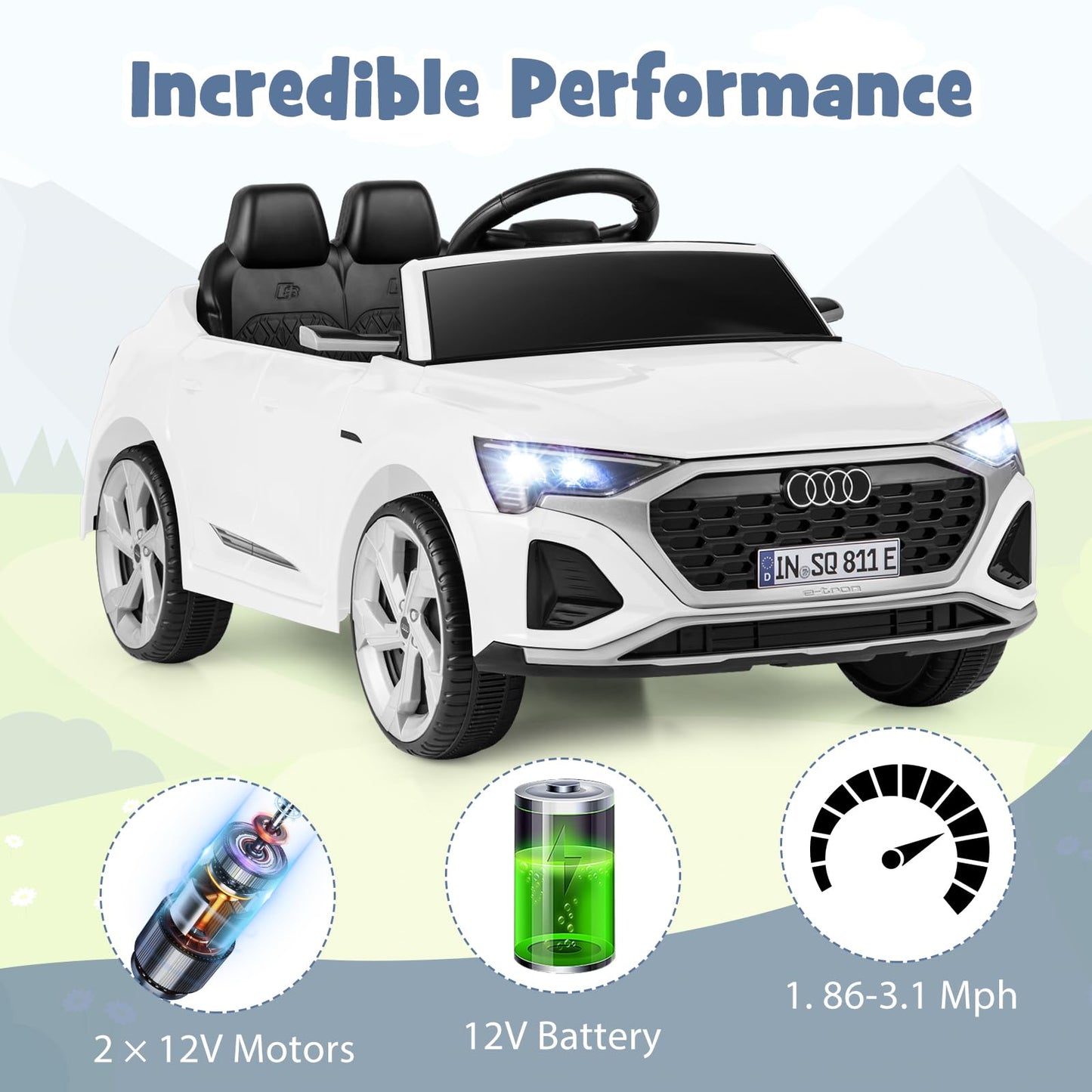 Costzon 12V Kids Ride On Car Licensed Audi Sq8, Remote Control Ride On Toy, Battery Powered Electric Vehicle With Spring Suspension, Music & 3 Speeds, Horn, Led Lights, Gift For Boys Girls 3+ (White)