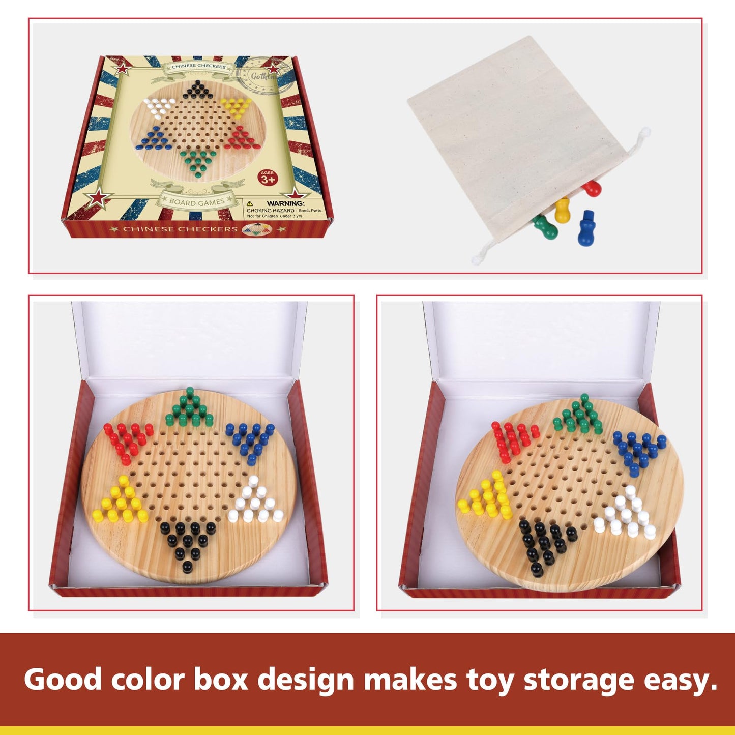 GOTHINK Chinese Checkers Board Game - Classic Wooden Set, 11.5" with 66 Pegs in 6 Colors, Fun for All Ages