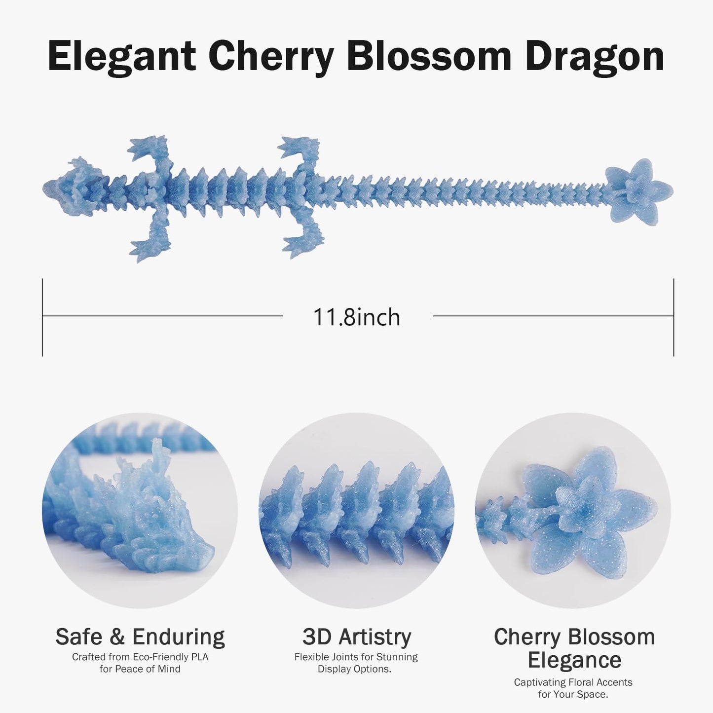 3D Printed Cherry Blossom Crystal Dragon, Articulated Movable Model - 12 Inch Decorative Fantasy Dragon for Display, Collection,