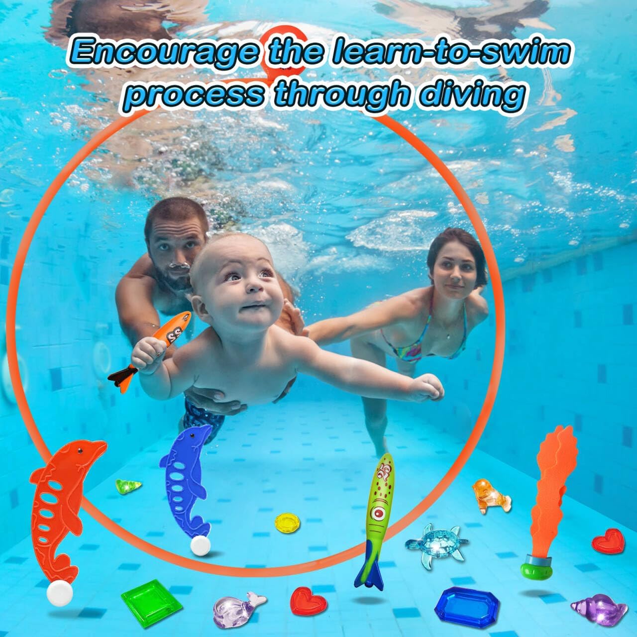 Jasonwell Pool Toys Diving Rings - 28Pcs Swim Thru Rings Pool Game Diving Toys With Dive Ring Underwater Treasures Torpedo Bandi