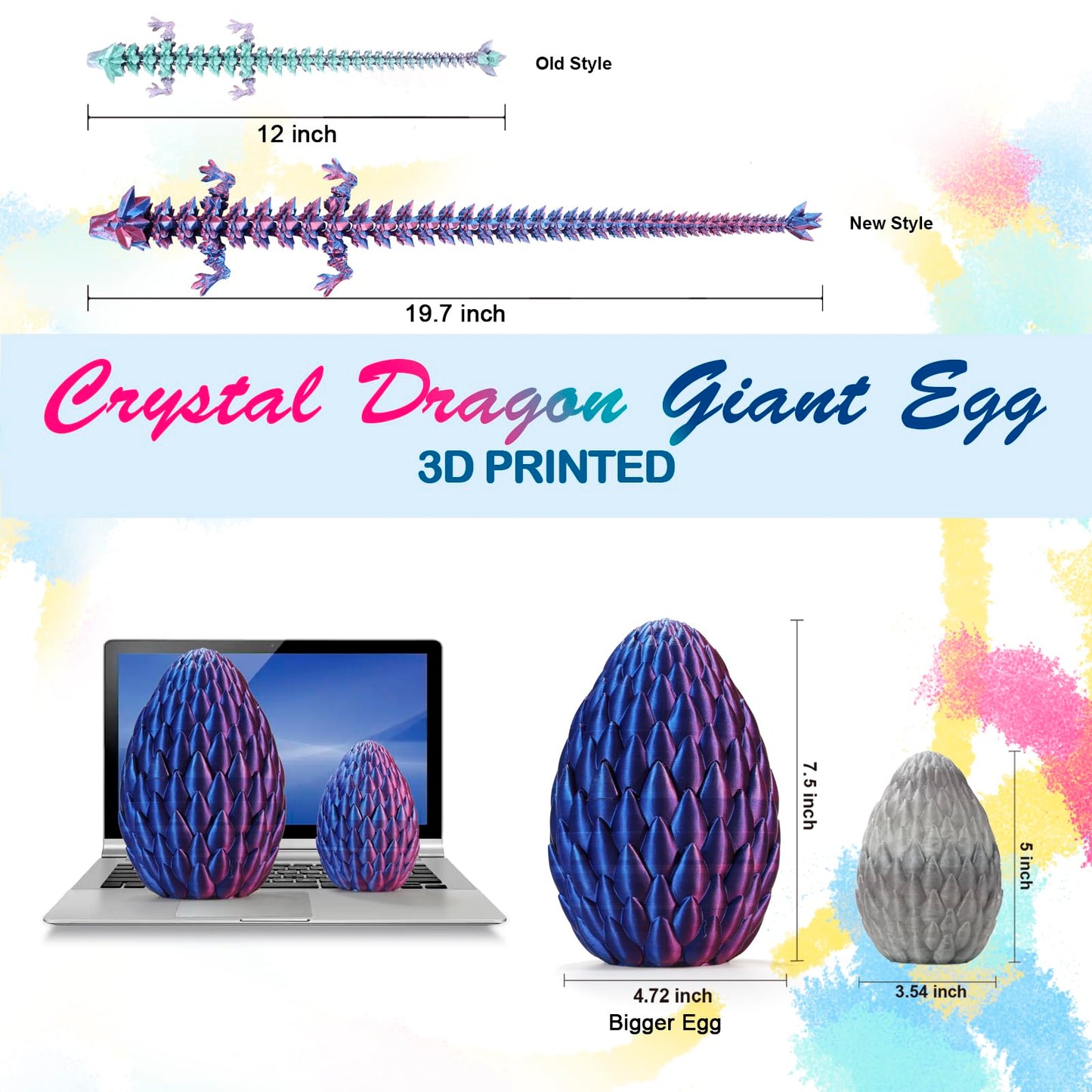 3D Printed Dragon,Dragon Eggs With Dragon Inside,Surprise Dragon Egg Toy,19'' Full Articulated Crystal 3D Dragonls(Giant Dragon