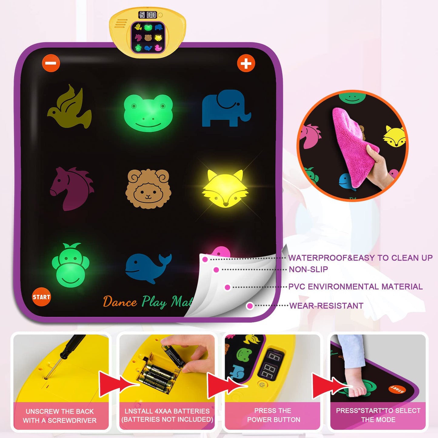 Luminous Dance Mat For Kids, Great Volume Control, Small Animal Dance Pad With 5 Gaming Modes, Large Size 35'' X 40'', Ideas Birthday Toys For Age 3+ Year Old…