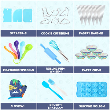 Aoskie Kids Baking Set with Dinosaur Apron and Chef Hat, Cooking Chef Set Baking Supplies Dress Up Role Play Toys Gift for 3-8 Y