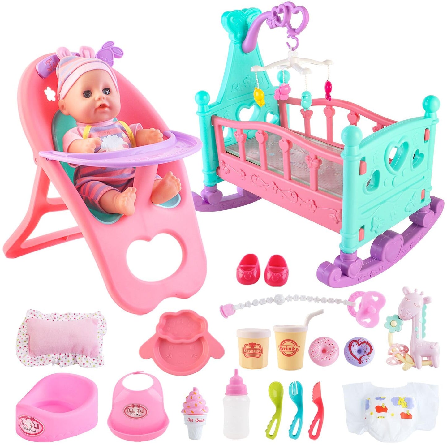 deAO Baby Doll Set with Crib Bed High Chair Stroller Baby Doll Accessories 20 Pieces Play Set Birthday for Girls Boys Kids
