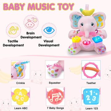 Ryotagift Baby Bilingual Musical Elephant Stuffed Animals Toys,Infant Early Learning Toys With Light-Up Music & Crinkle,Tummy Ti