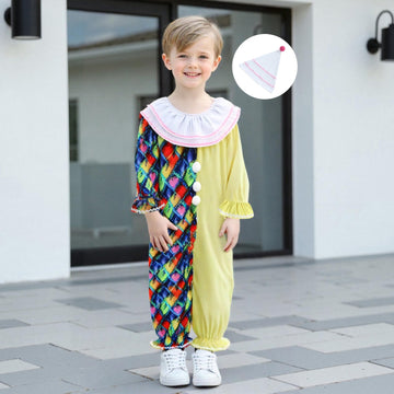 Aiwpstoin Toddler Baby Clown Costume Boy Girl Funny Halloween Outfit Contrast Color Long Sleeve Jumpsuit with Hat (Yellow, 18-24