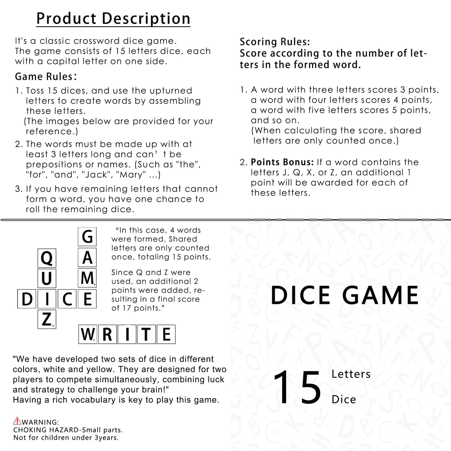 COHHFWPD Crossword Dice Game, Word Spelling Dice Games for Gatherings Family Game Night Festive Parties & On-The-Go Fun, Fifteen