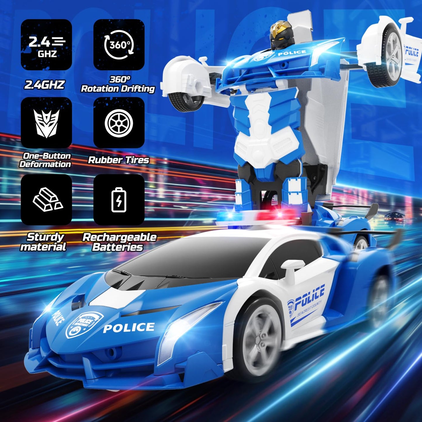 Deerc Transform Remote Control Car,2.4Ghz Robot Rc Cars,1:18 Scale Police Car Toy One-Button Deformation & 360 Rotating Drifting