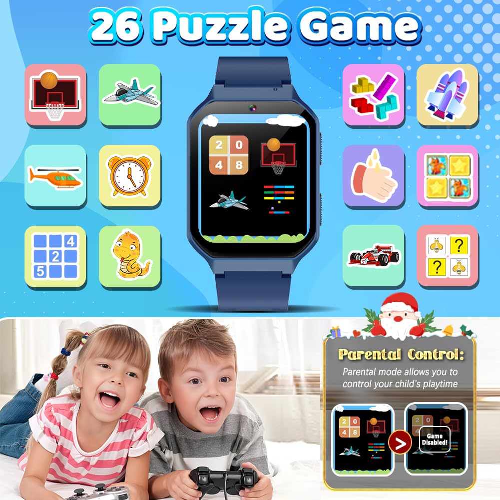 Smart Watch For Kid Age 4 5 6 7 8 9 10 Boys Girls Learning Toy With 26 Puzzle Game 1.69' Touch Screen Hd Camera Video Music Player Alarm Clock Storybook Pedometer Christmas Birthday Gift Idea (Blue)