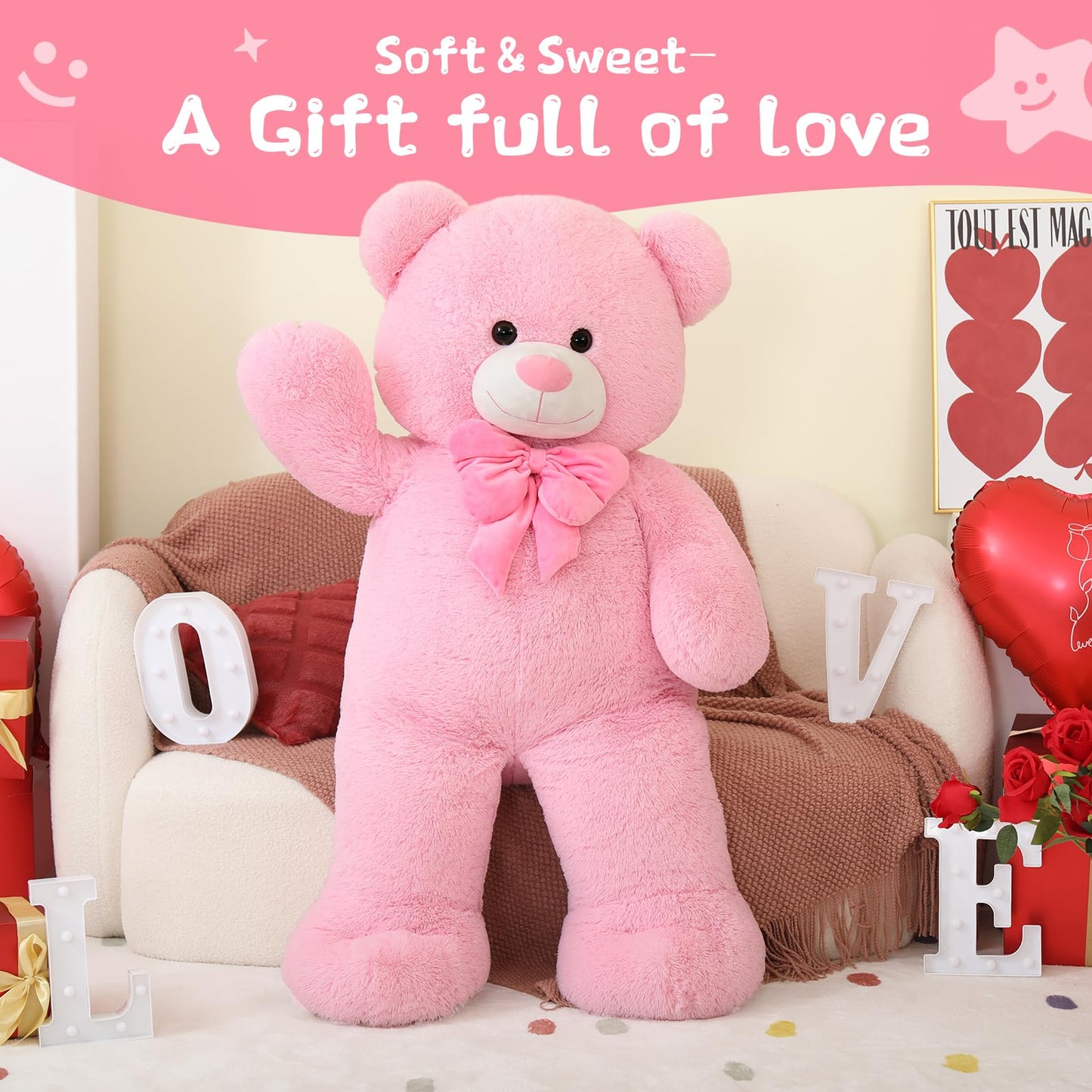 Tezituor Giant Teddy Bear, 4 Feet Soft Big Stuffed Animal Life Size 47 Inch Plush Bear Toy Valentine'S Christmas Birthday Gift For Girlfriend Kids,Pink