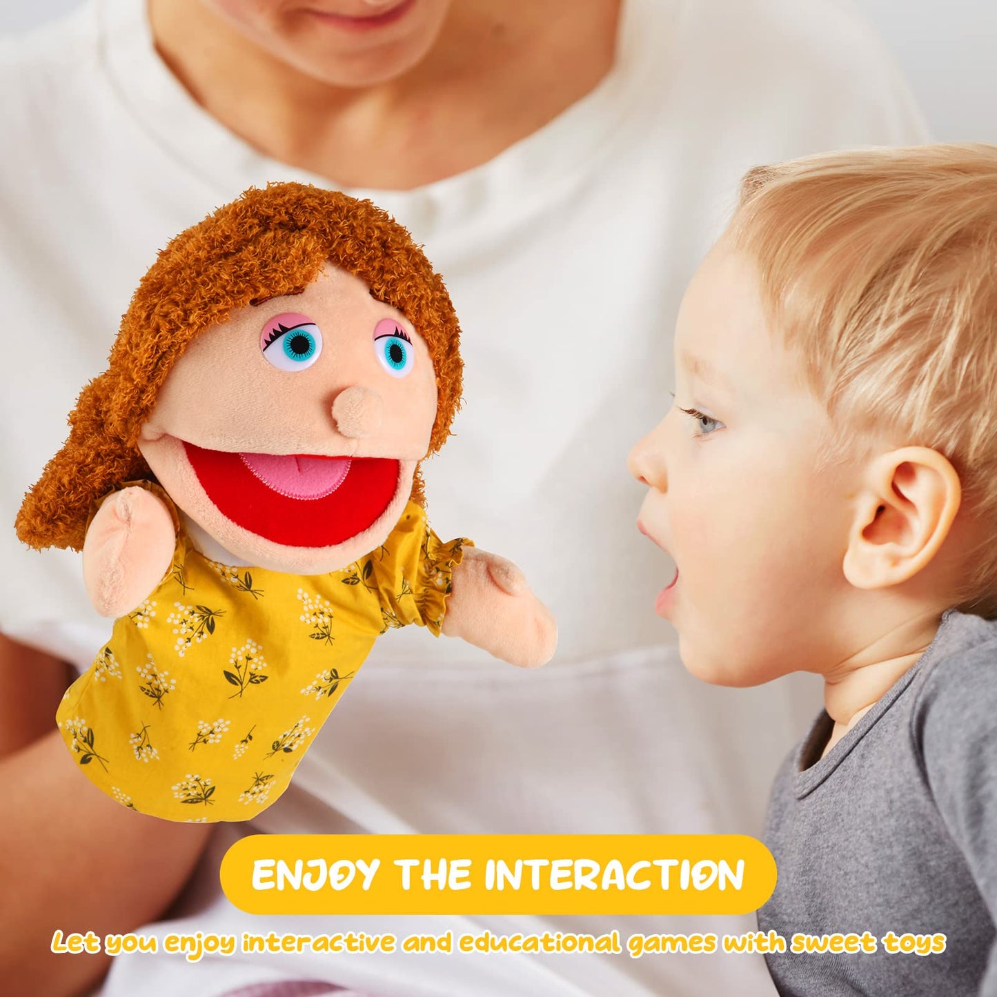 1 Pcs Family Hand Puppets 12 Inch Grandparents, Mom & Dad, Brother & Sister Plush Hand Puppet Toys Role-Play Toy Puppets For Kids Storytelling Imaginative Pretend Play Teaching Preschool(Mom)