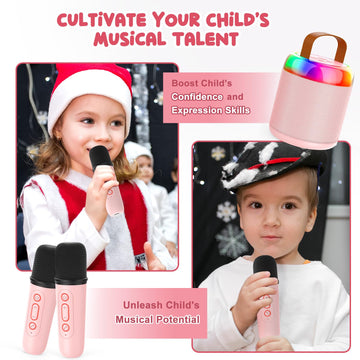 Iyoyo Mini Karaoke Machine For Kids Portable Bluetooth 5.3 Speaker Led Lights With 2 Wireless Microphones Karaoke Gifts For Girls Boys Audlt Birthday Christmas Solid Metal Body (Pink)