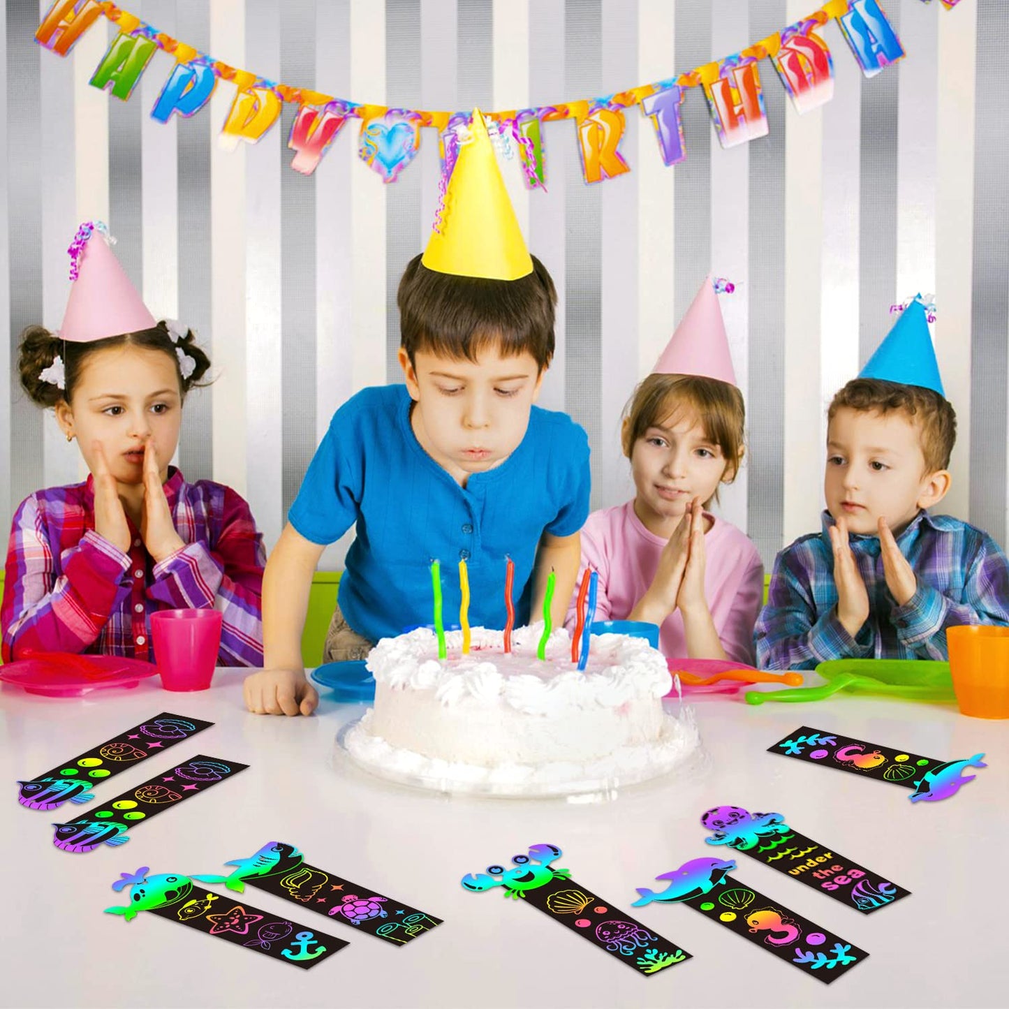 Beyumi 60Pcs Sea World Animals Scratch Bookmarks For Kids Diy Under The Sea Magic Art Rainbow Color Paper Craft Kit Summer Party Favors Birthday Gifts School Classroom Activity Art Project Supplies