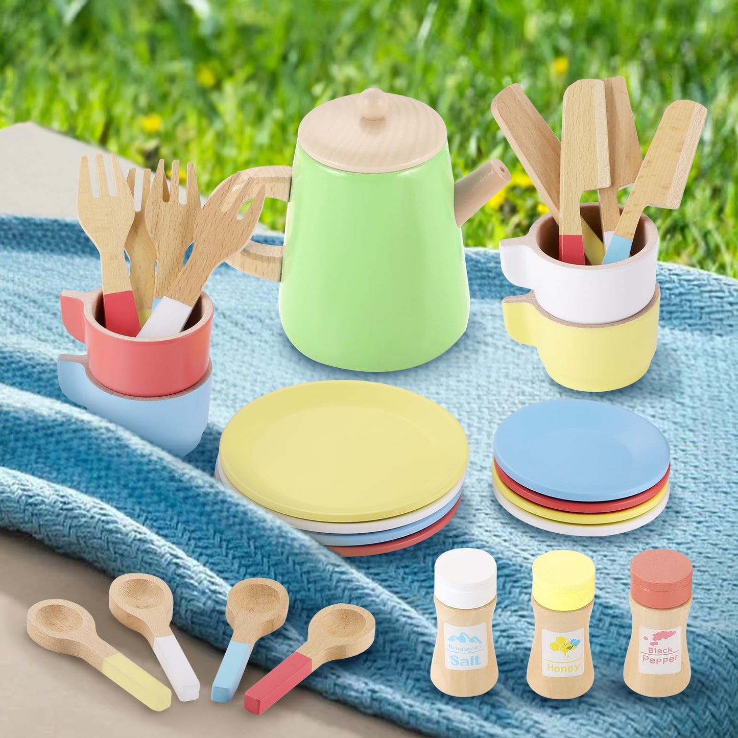 Gagaku Wooden Tea Set And Wooden Play Dishes 2 In 1 Play Food Set Toy 28 Pcs Montessori Wooden Play Kitchen Accessories Kitchen