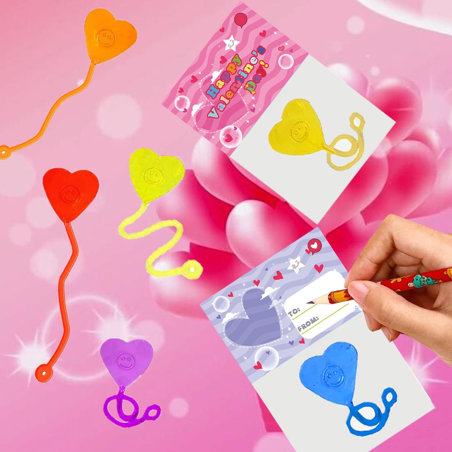 BEIGUO Valentines Day Cards for Kids,28 Pack Heart-Shaped Sticky Hands with Valentines Cards For Kids Valentines Party Favors C