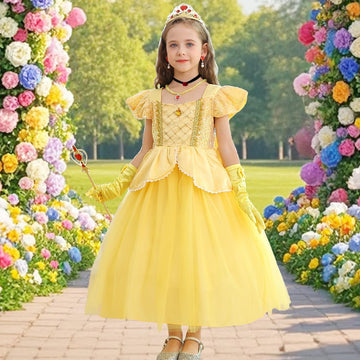 Luzlen Belle Costume For Girls Yellow Princess Dress Up Halloween Birthday Party Cosplay Outfits With Accessories Yellow, 3-4T(Tag 110)