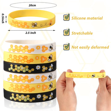 Bee Bracelet Silicone Bee Wristband Assorted Color Bee Theme Party Favors Bee Teachers Decorations Classroom Decorations Bees Wristband For Boy Girl Bee Birthday Baby Shower Party Supplies (48 Pieces)
