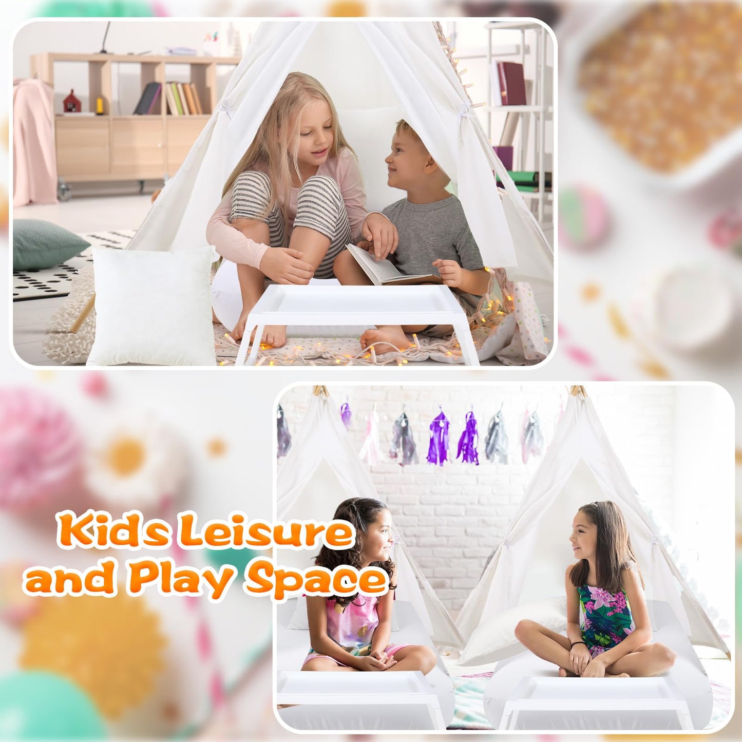 Wesnoy Kids Teepee Tent with Inflatable Airbed, Bed Tray Table, Fitted Sheet and Pillow Insert Toddler Play Tent for Boy Girl In