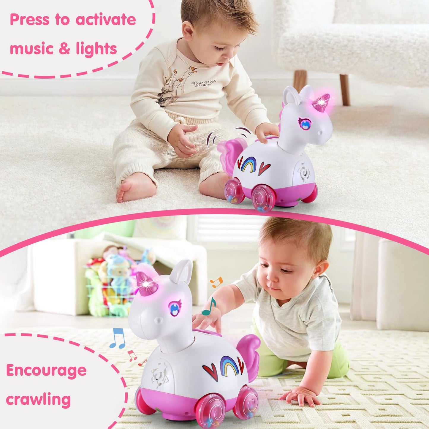Wanonoo Unicorn Baby Toys 6-12 Months - Press & Go Musical Light Infant Baby Crawling Baby Toys 12-18 Months, Tummy Time Toys Fo